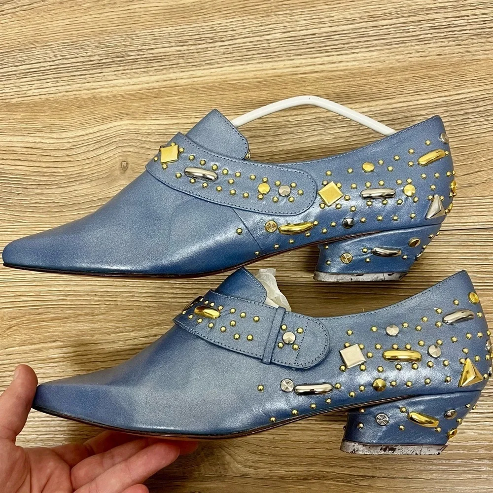 Fantasy Vintage 1980s Blue Leather Pumps - Size 7.5 Sculptural Jewel-Like Studs